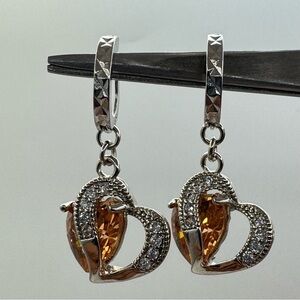 Silver Plated Heart Drop Earrings Champagne Crystal Pavé Accent